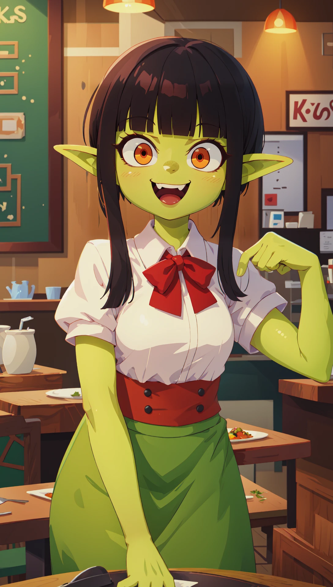 mksks style, detailed background, goblin girl, green skin, colored skin, black hair, short hair with long locks, blunt bangs, amber eyes, tsurime eyes, waitress, smug expression, upper teeth, fang, table, restaurant, beautiful 8k wallpaper, masterpiece, best quality