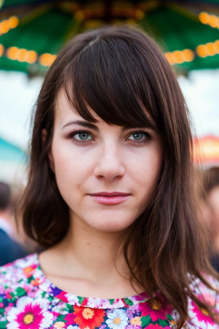 A stunning intricate full color portrait of a woman,wearing a floral dress, crowded fairground, having fun, epic character composition,by ilya kuvshinov, alessio albi, nina masic,sharp focus, natural lighting, subsurface scattering, f2, 35mm, film grain, portait, closeup, very detailed skin texture<lora:LaurenCrist:1>