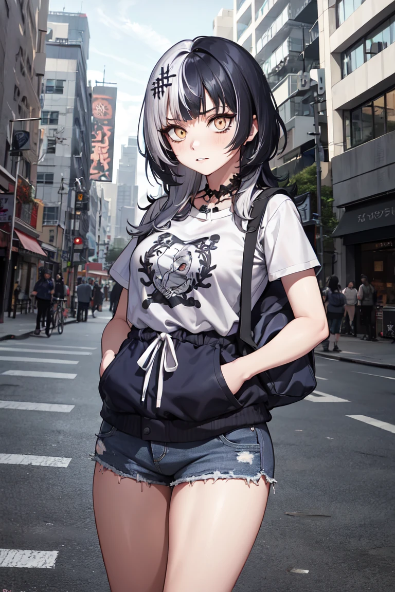 masterpiece, best quality, absurdres, perfect anatomy, 1girl, solo, ShioriNovella, hair ornament, graphic tee, denim shorts, standing, outdoors, city, hands in pockets, <lora:ShioriNovella:1>