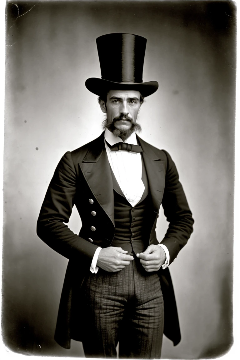 portrait muscular man in hat, high society outfit, 1850, (carnival circus sideshow in background:1.1), barnum