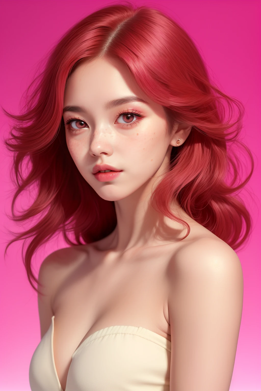 [pureface,sexy,Bare shoulder],<lora:SkinHandFix:0.5:INALL>, 1 girl, adult woman, freckles,mole, ruby eyes, Light red hair, Skater,simple background,(electric pink gradient background:1.1), chibi, (masterpiece,best quality:1.6),Light,<lora:wavebackground:1.0>, Canon AE-1 Camera ,spotlit, jewelry ,Briefcase