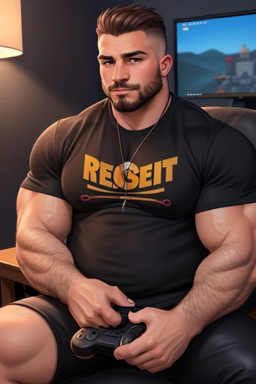 (((1man))), muscular, brown eyes, casual clothes, sweatshirt, handsome, nerd, dynamic, sfw, playing videogames, (intricate details, Masterpiece, high quality, best quality), (musclebears:0.5), bulgerk-soft