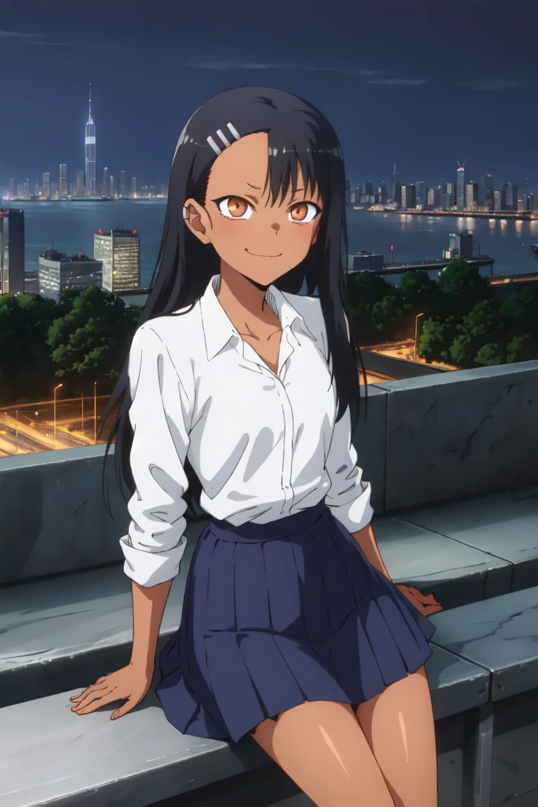 1girl, solo,sitting, cyberpunk cityscape,night city \(city\), stealth in the city,small breast, masterpiece, professional artwork, famous artwork, perfect face,perfect eyes,<lora:Nagatoro_Hayase-09:0.7> ,nagatoro hayase, hair ornament, brown eyes,glowing eyes, hairclip,dark skin, black hair,school uniform, cowboy shot, black hair, beautiful face, evil smile, evil eyes, ((perfect female body, narrow waist)), background city, skirt