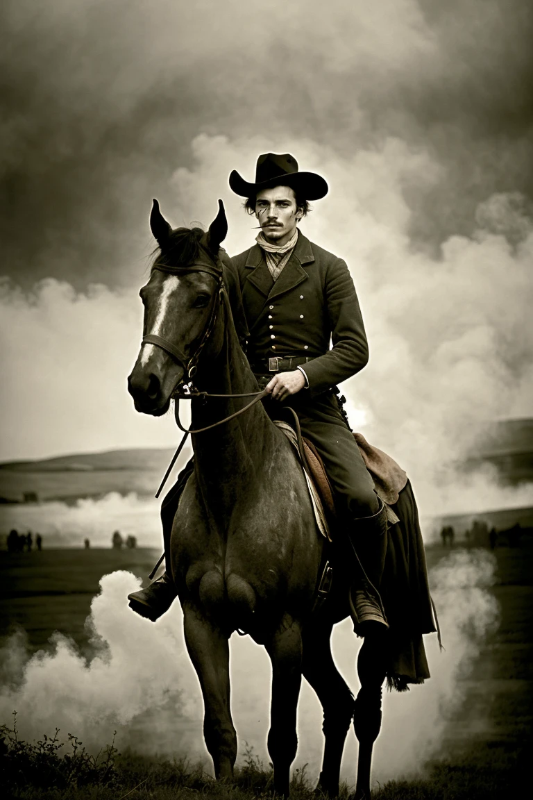 barnum-atelier , man James Powell Steyr , riding horse, wearing wearing rugged dirty confederate uniform, 1865 ,translucent smoke from cannons, mist