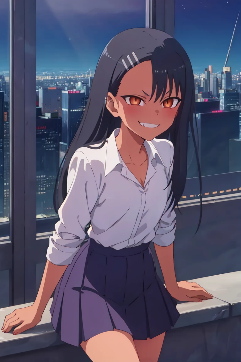 1girl, solo,sitting, cyberpunk cityscape,night city \(city\), stealth in the city,small breast, masterpiece, professional artwork, famous artwork, perfect face,perfect eyes,<lora:Nagatoro_Hayase-09:0.7> ,nagatoro hayase, hair ornament, brown eyes,glowing eyes, hairclip,dark skin, black hair,school uniform, cowboy shot, black hair, beautiful face, evil smile, evil eyes, ((perfect female body, narrow waist)), background city, skirt