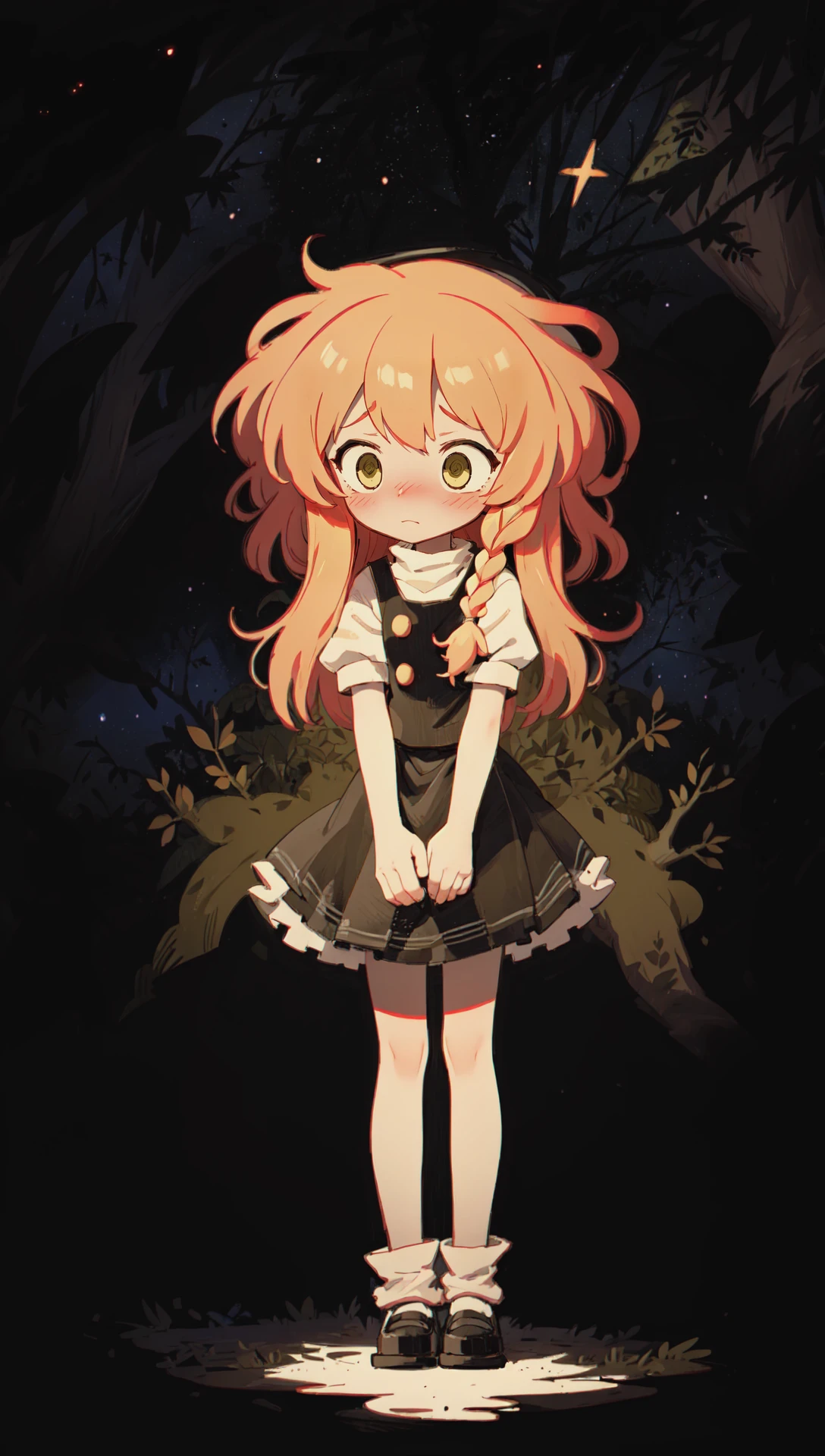 pensketch_style, ink sketch, (dark background:1.2), starry sky, darkness, kirisame marisa, shy, embarrassed, blush, superb, extremely detailed, intricate, (extremely low contrast:1.1), looking away, full body, mid shot forest, nature, tree <lora:loraslayernoiseoffset:0.45> <lora:pen_sketch_v1.3_dim_16:0.6>