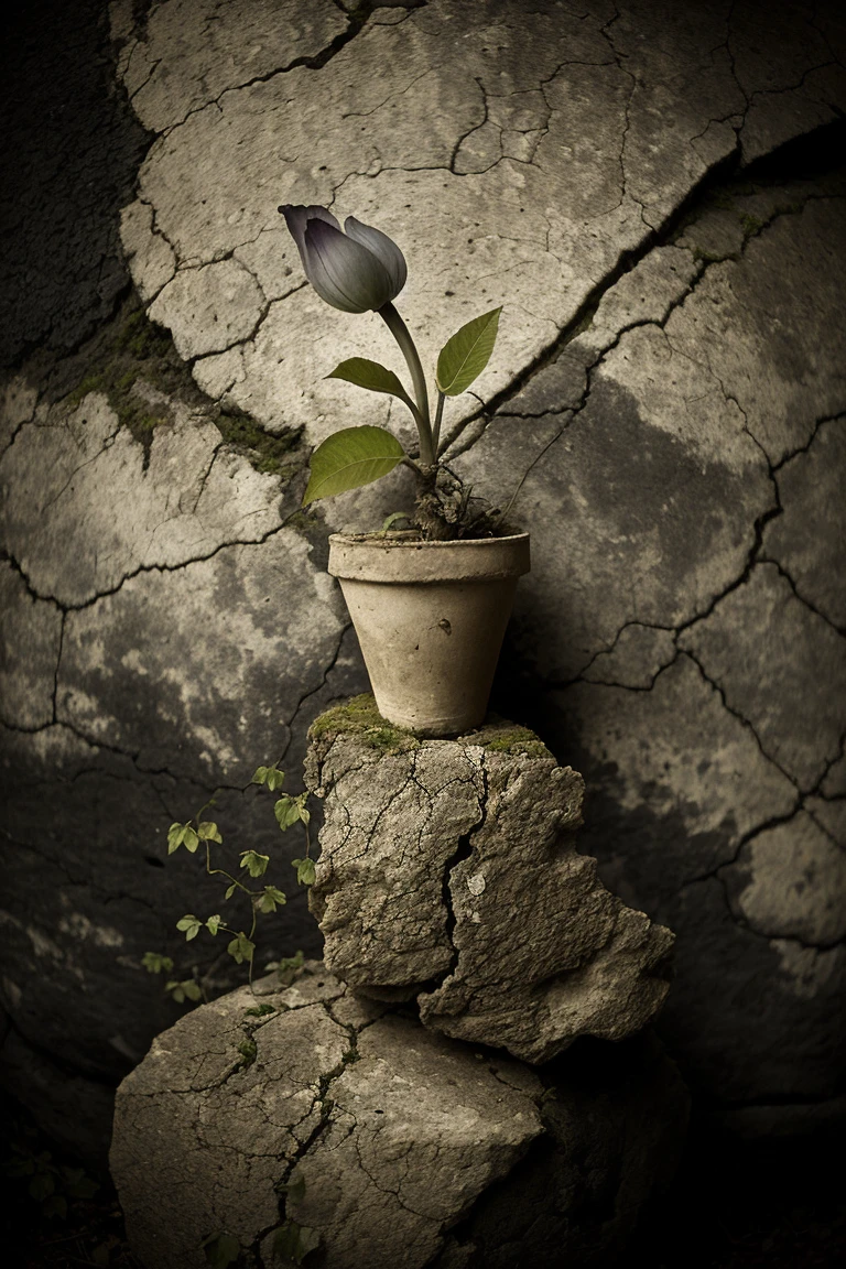 barnum-atelier (crarnivore plant flower:1.1) growing from cracked stone,