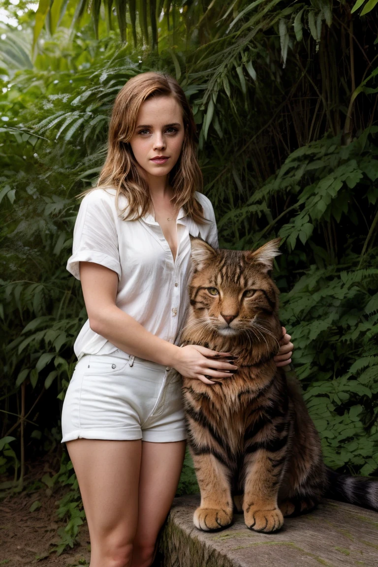 portrait photo of ewt woman , (posing with a huge Cat:1.15), solo, in a jungle  <lora:EmmaWatson2017LoRaDogu:1>