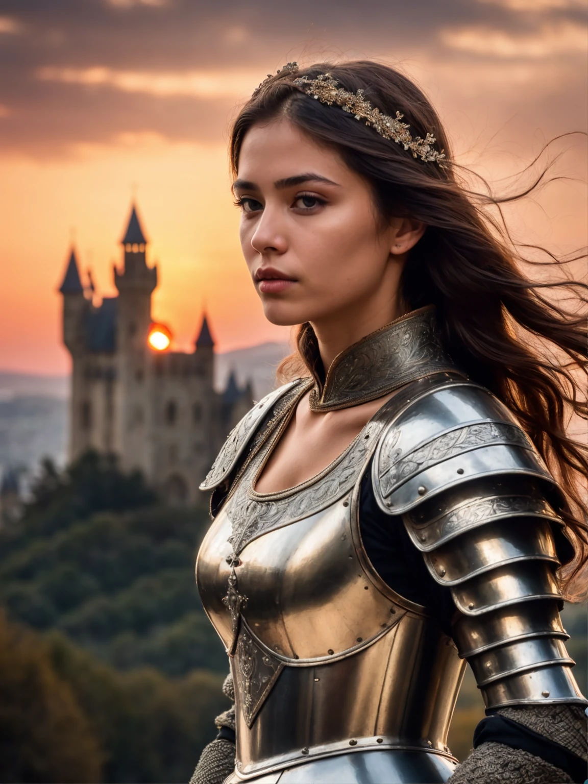 (masterpiece), (extremely intricate:1.3), (realistic), photo of a girl, the most beautiful in the world, (medieval armor), upper body, outdoors, far away castle, professional photograph of a stunning woman detailed, sharp focus, dramatic, award winning, cinematic lighting, volumetrics dtx, (film grain, blurry background, blurry foreground, bokeh, depth of field, sunset, motion blur:1.3), 4k, 8k, hd, hdr