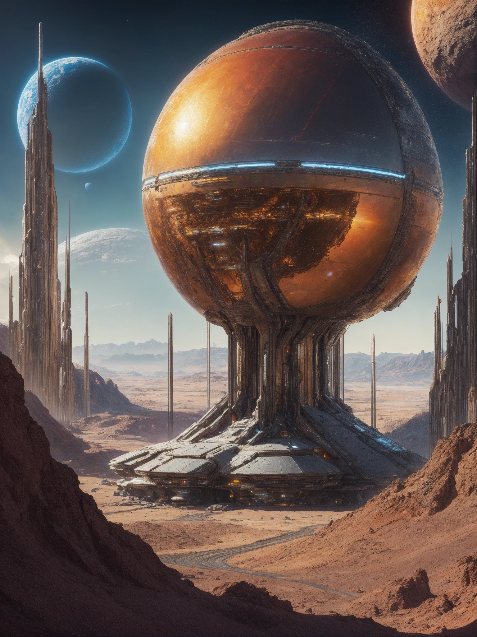 no humans, landscape, oil on matte canvas, sharp details, the expanse scifi spacescape ceres colony, intricate, highly detailed, digital painting, rich color, smooth, sharp focus, illustration, Unreal Engine 5, 8K, art by artgerm and greg rutkowski and alphonse mucha