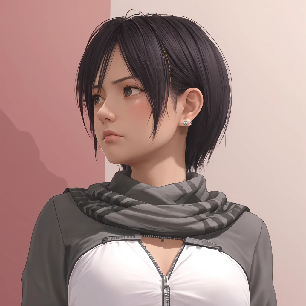 masterpiece, best quality, 1girl, nagisa, zipper, looking away, upper body, black hair, looking at another, short hair, scarf , earrings, frown, <lora:doaxvv_nagisa-000018:0.4>
