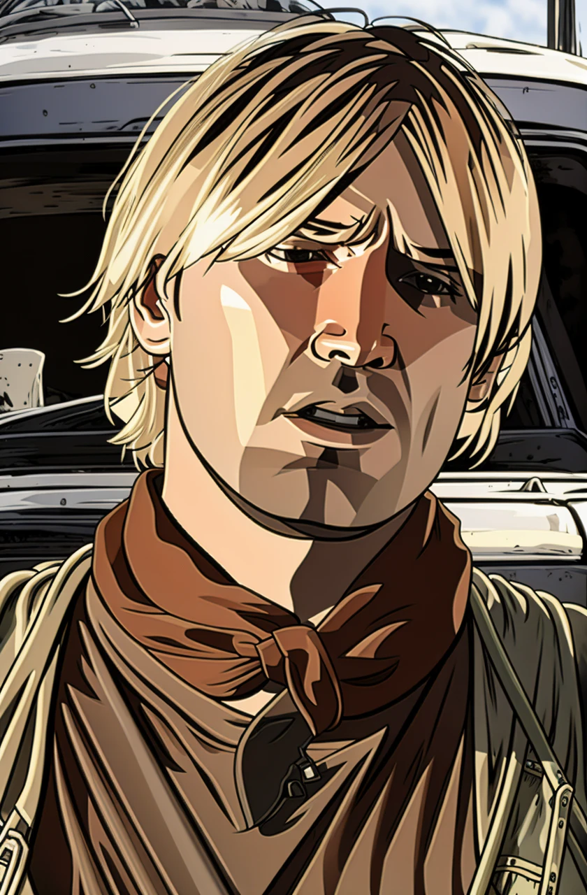 Ernie_Luckman , solo, short hair, open mouth, blonde hair, 1boy, closed eyes, male focus, scarf, vest, neckerchief, parody, ground vehicle, motor vehicle, red neckerchief, meme, scene reference