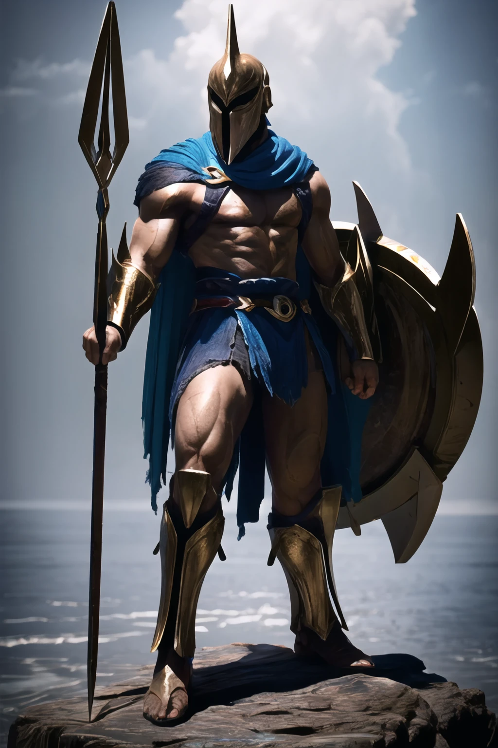 Highly detailed, High Quality, Masterpiece, beautiful, 1boy, solo, Spear, Shield, <lora:UnlimitedBladeWorks1.6:0.9>, pant, <lora:Char_LoL_Pantheon:0.9>, full body,