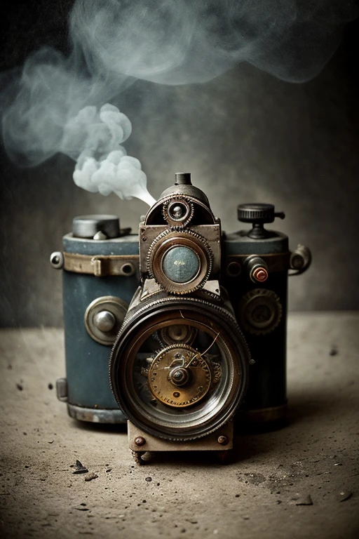 barnum-atelier steam-powered vintage clockwork|photocamera:1.1) , huge shinyphoto-lens with dusty fingerprint, cogs and mechanism visible, 1890,, smoke, mist