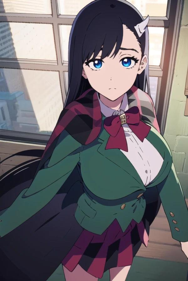 noelniihashi, <lora:noelniihashianimetest:1>,
noel niihashi long hair, blue eyes, black hair, hair ornament, hairclip, (large breast:1.2),
BREAK skirt, shirt, long sleeves, bow, school uniform, jacket, white shirt, pleated skirt, collared shirt, bowtie, red bow, plaid, capelet, blazer, green skirt, green jacket,
BREAK looking at viewer,
BREAK indoors, classroom,
BREAK <lora:GoodHands-vanilla:1>, (masterpiece:1.2), best quality, high resolution, unity 8k wallpaper, (illustration:0.8), (beautiful detailed eyes:1.6), extremely detailed face, perfect lighting, extremely detailed CG, (perfect hands, perfect anatomy),