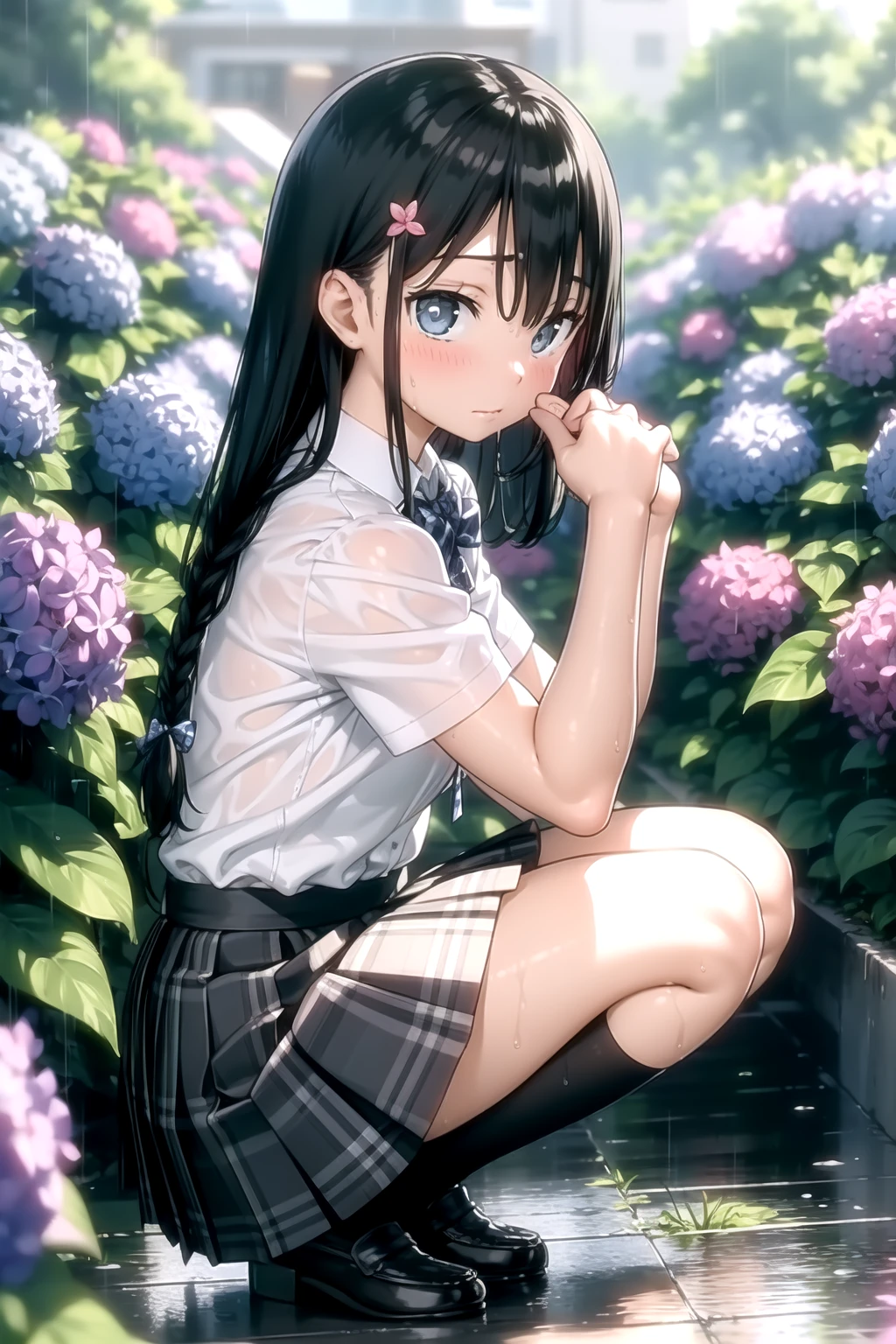 <lora:kantoku_v0.1:1>
holding umbrella, 1girl, solo, long hair, looking at viewer, blush, bangs, blue eyes, skirt, shirt, black hair, hair ornament, bow, holding, closed mouth, school uniform, full body, white shirt,  braid, flower, short sleeves, pleated skirt, outdoors, shoes, socks, hairclip, collared shirt, bowtie, black footwear, bra, twin braids, wet, see-through, plaid, kneehighs, blue bow, plaid skirt, squatting, black socks, loafers, wet clothes, hair over shoulder, grey skirt, rain, stairs, wet shirt, transparent, hydrangea, facing to the side, from side,, masterpiece, best quality, highly detailed