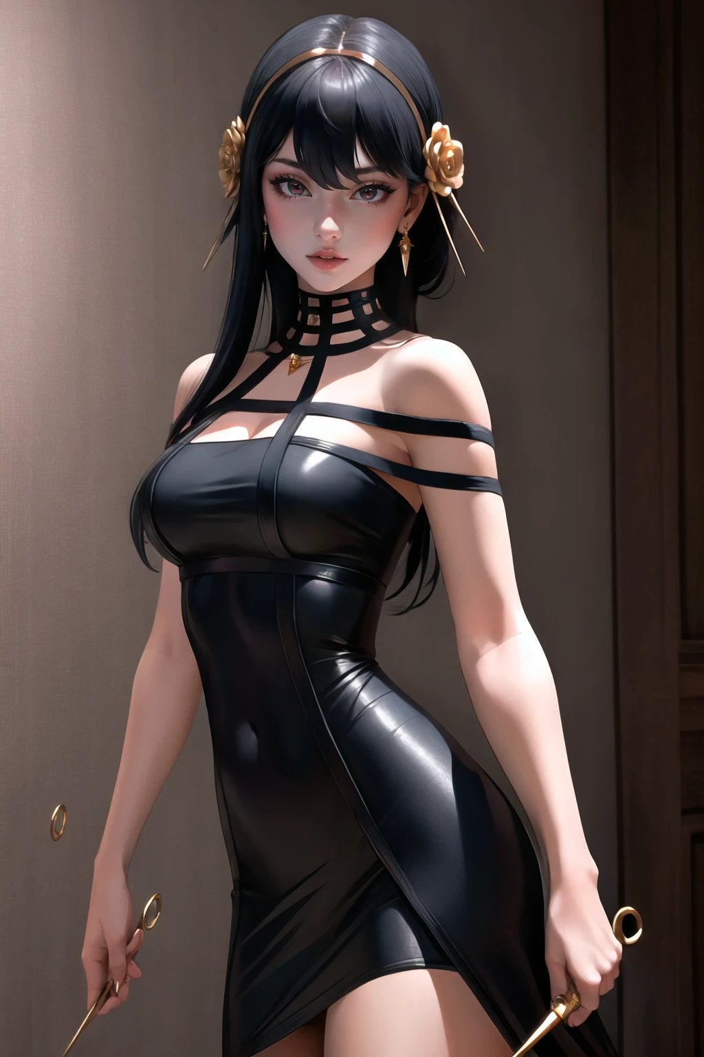 b0ll4nd,wednesday,twintail,black hair,braid,long hair,petit,modakawa dress, gold chain, tight dress, hip vent, low neckline, criss-cross back-straps, taut dress, evening gown, o-ring dress, black dress, backless dress,