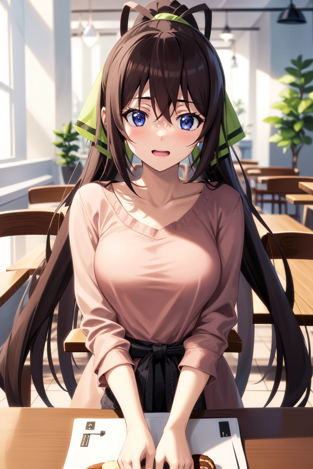 shinonono houki, <lora:ShinononoHoukiV20:1>, 1girl, solo, cafe, pov across table, looking at viewer, casual, indoors, embarrassed, happy, sitting, on chair, upper body, couple, parfait,,, , highres, absurdres,