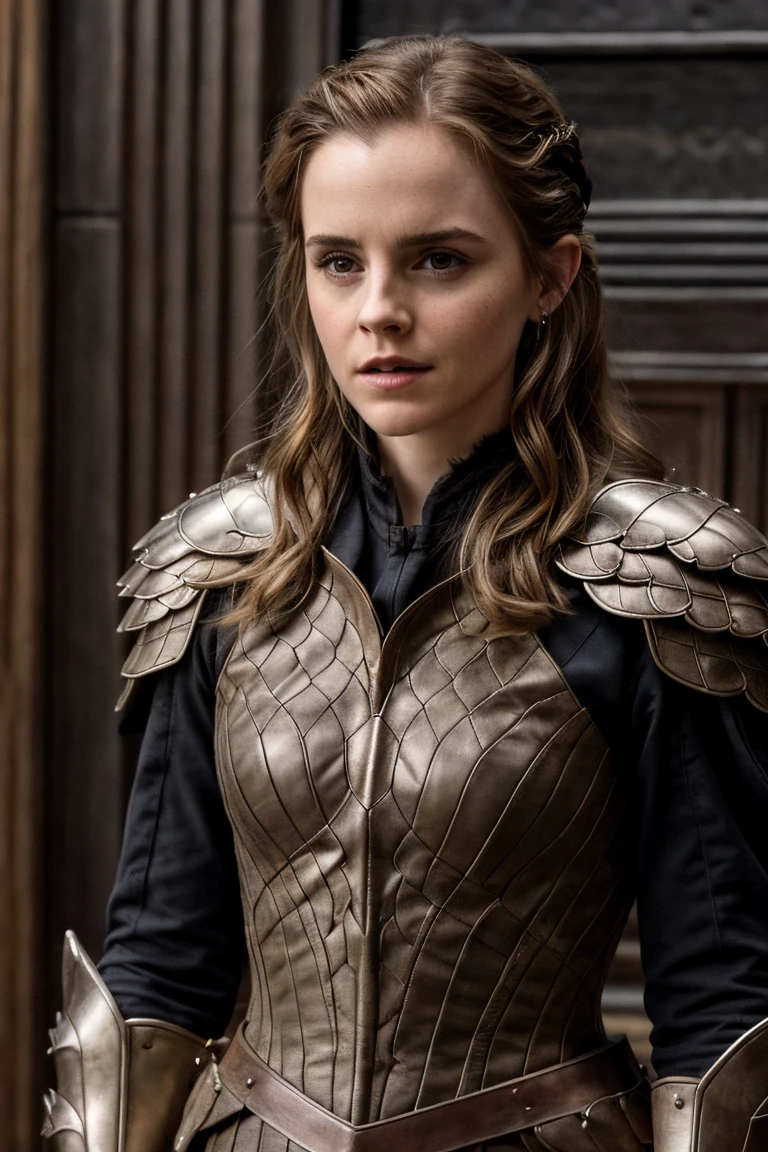 closeup photo of ewt woman, wearing dragon scale armor  <lora:EmmaWatson2017LoRaDogu:0.7>