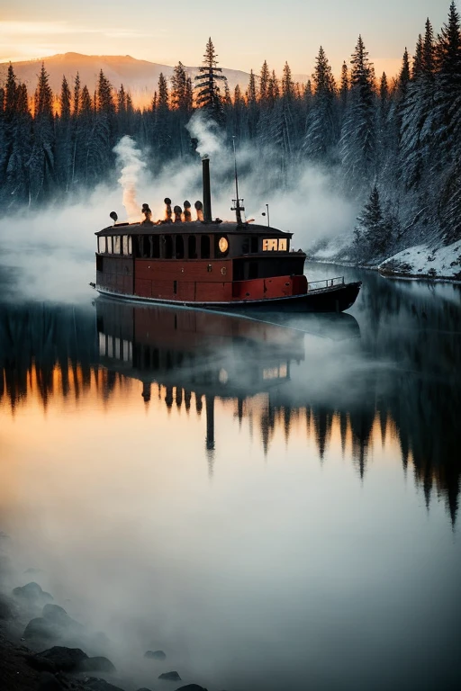 barnum-atelier , landscape winter pristine canadian wilderness,wooden steamboat,  river, mist, sunset