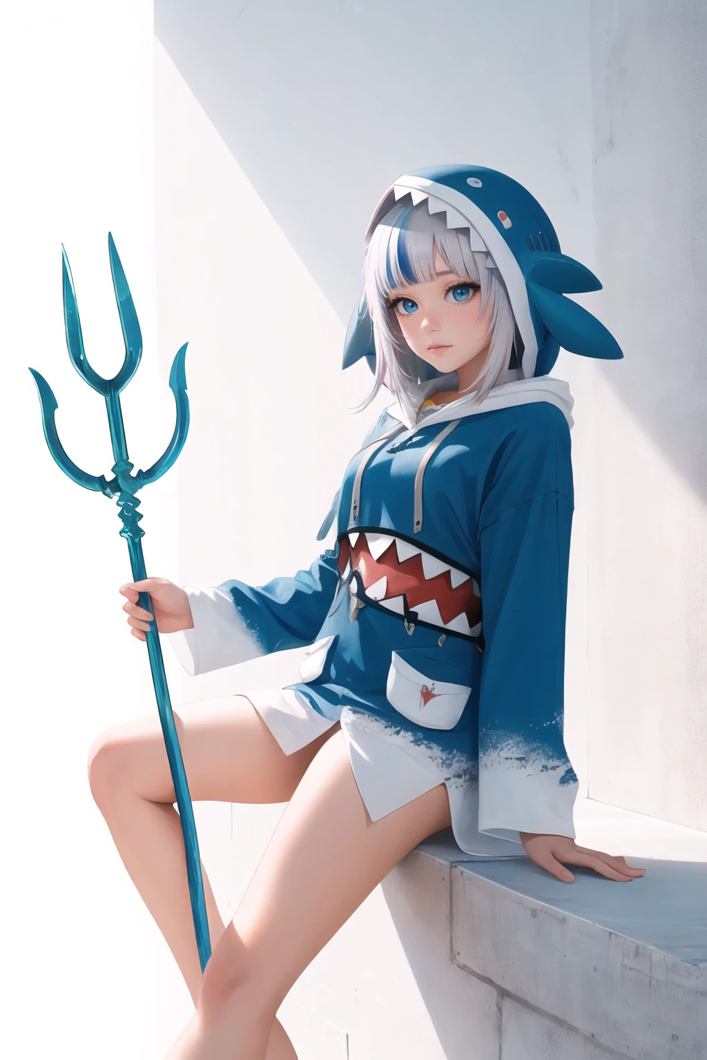 Highly detailed, High Quality, Masterpiece, beautiful, 1girl, solo, Trident, <lora:UnlimitedBladeWorks1.6:0.9>, gawr gura, tail, shark tail, blue hoodie, shark print, shark hair ornament, hood, hood up, <lora:Char_VTuber_GawrGura:1>