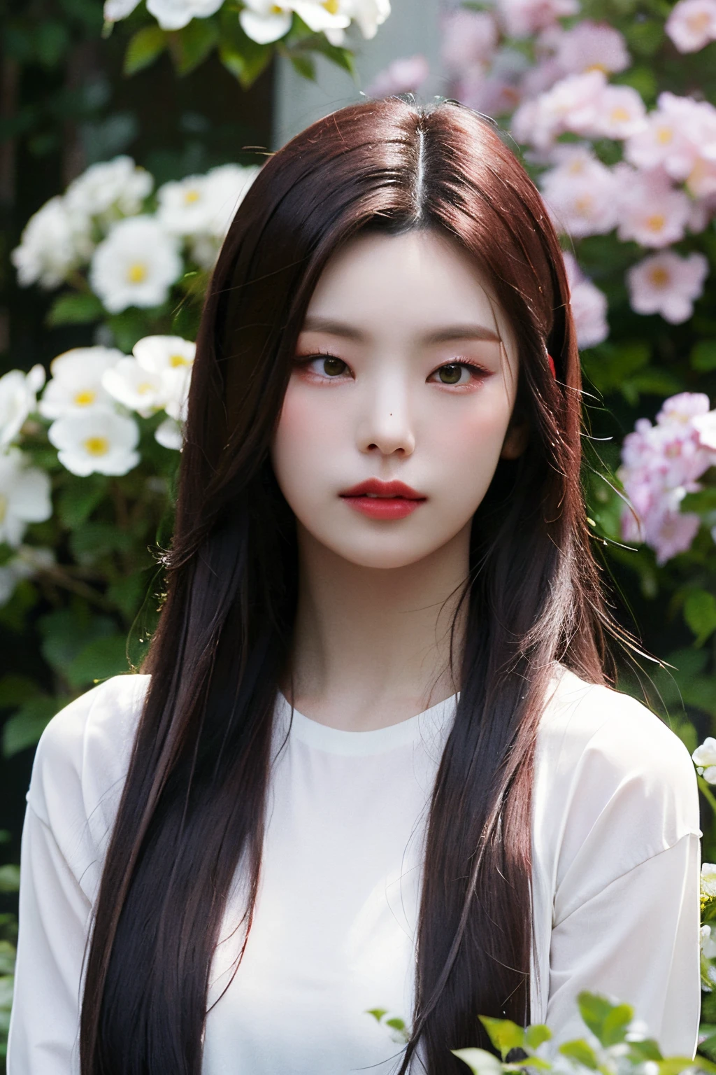 Best quality, masterpiece, ultra high res, (photorealistic:1.4), raw photo, 1girl, long hair, outdoor, closeup, looking at viewer,flowers on hair, flower garden, overcast, white shirt