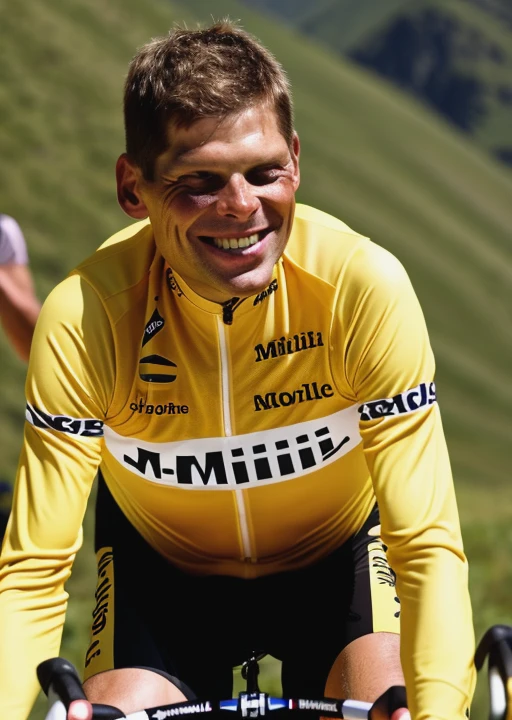 <lora:more_details:0.3> highres, very detailed, masterpiece, realistic, 1man, jan_ullrich, smile, cycling, mountain, sun, yellow cycling jersey, sweat, brown hair, cyclist clothes, "T-MOBILE" written on jersey, half top body, smile, bottle of champaign, 40 yo <lora:jan_ullrich-000007:1>
