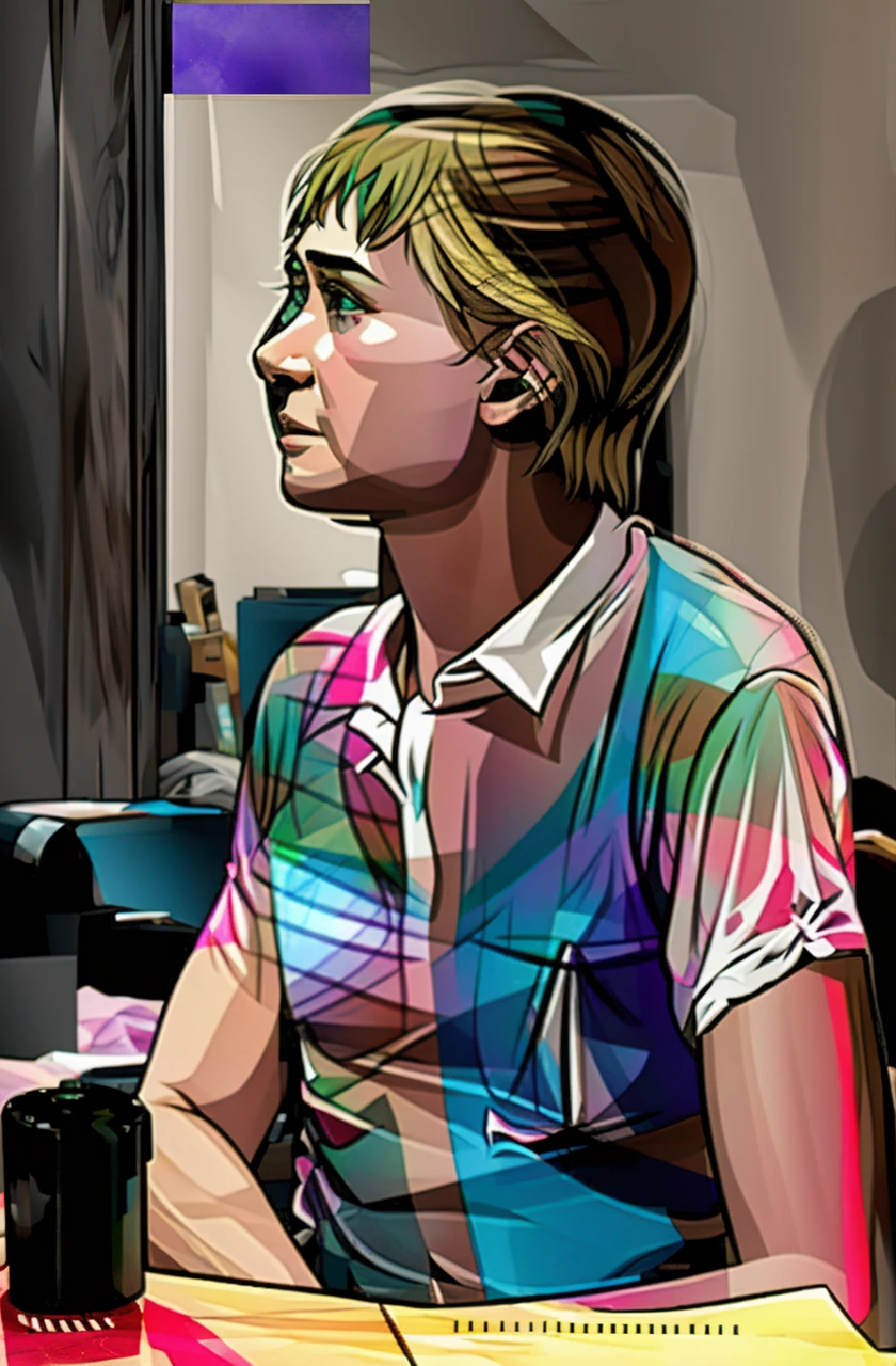 scramble_suit , 4 , 1girl, solo, short hair, blonde hair, brown hair, shirt, 1boy, sitting, short sleeves, male focus, chair