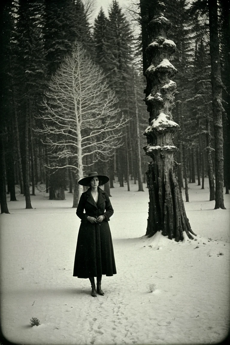 barnum-collodion vintage , collodion, surreal, dreamy, 1 woman thin Jessy, winter clothes, roundabout, rusty