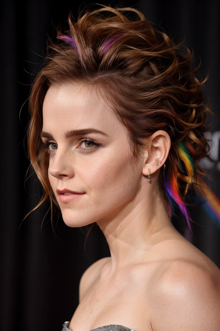 masterpiece, stunning portrait photo of ewt , (rainbow Mohawk hair:1.25)  <lora:EmmaWatson2017LoRaDogu:0.72>