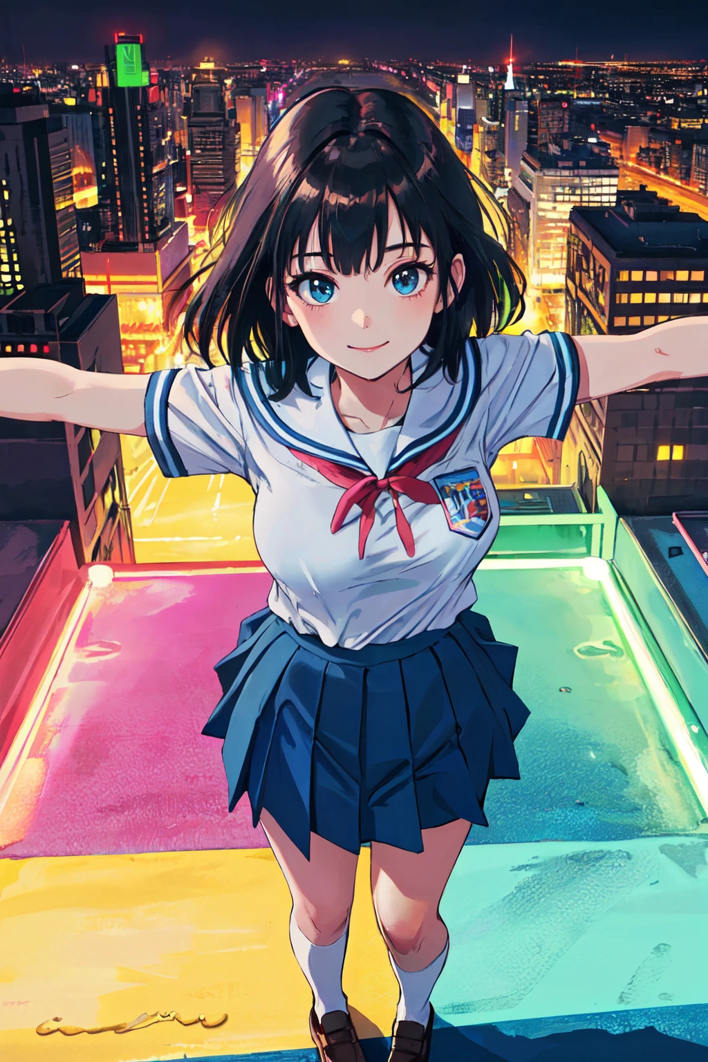 (best quality, masterpiece, RAW photo,ultra-detailed:1.2), <lyco:GoodHands-beta2:1.0>,1girl,solo,looking at viewer,smile,many colors, neon light, city, rainbow, sharp, dream, school uniform, large breasts, star, beach, dynamic pose, from above, spread arms, pop art,