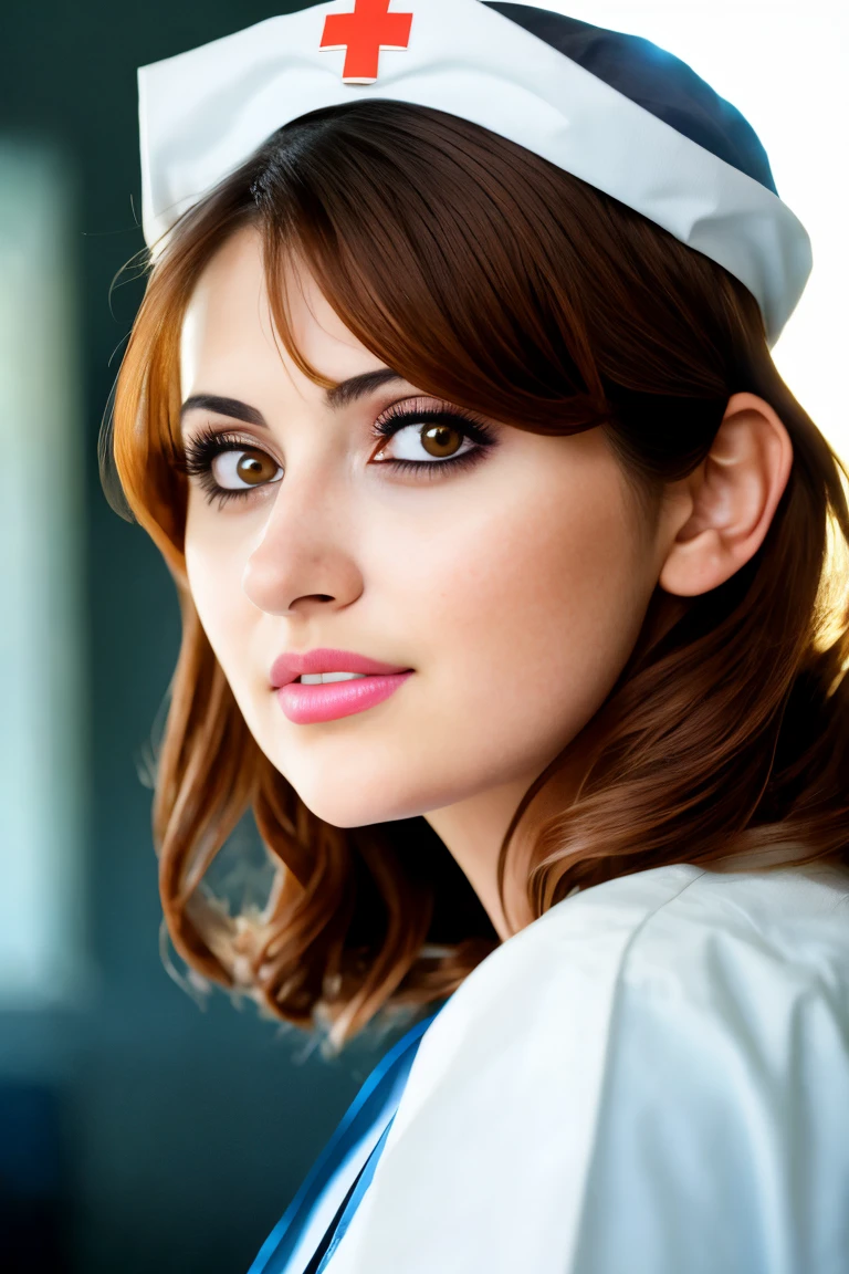 A stunning intricate full color portrait of a woman,wearing a nurse uniform, in modern hospital, having fun, epic character composition,by ilya kuvshinov, alessio albi, nina masic,sharp focus, natural lighting, subsurface scattering, f2, 35mm, film grain, closeup, portrait, very cute girl, , colorfull make up <lora:Natash:1>