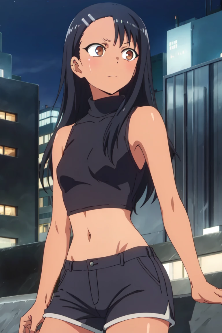 1girl, solo,sitting, cyberpunk cityscape,night city \(city\), stealth in the city, scar, small breast, masterpiece, turtleneck sweater, professional artwork, famous artwork, perfect face,, perfect eyes,<lora:Nagatoro_Hayase-09:0.7>,nagatoro hayase, hair ornament, brown eyes, hairclip,dark skin, black hair,tank top, shorts, cowboy shot, black hair, beautiful face, intense look, ((perfect female body, narrow waist)), background city