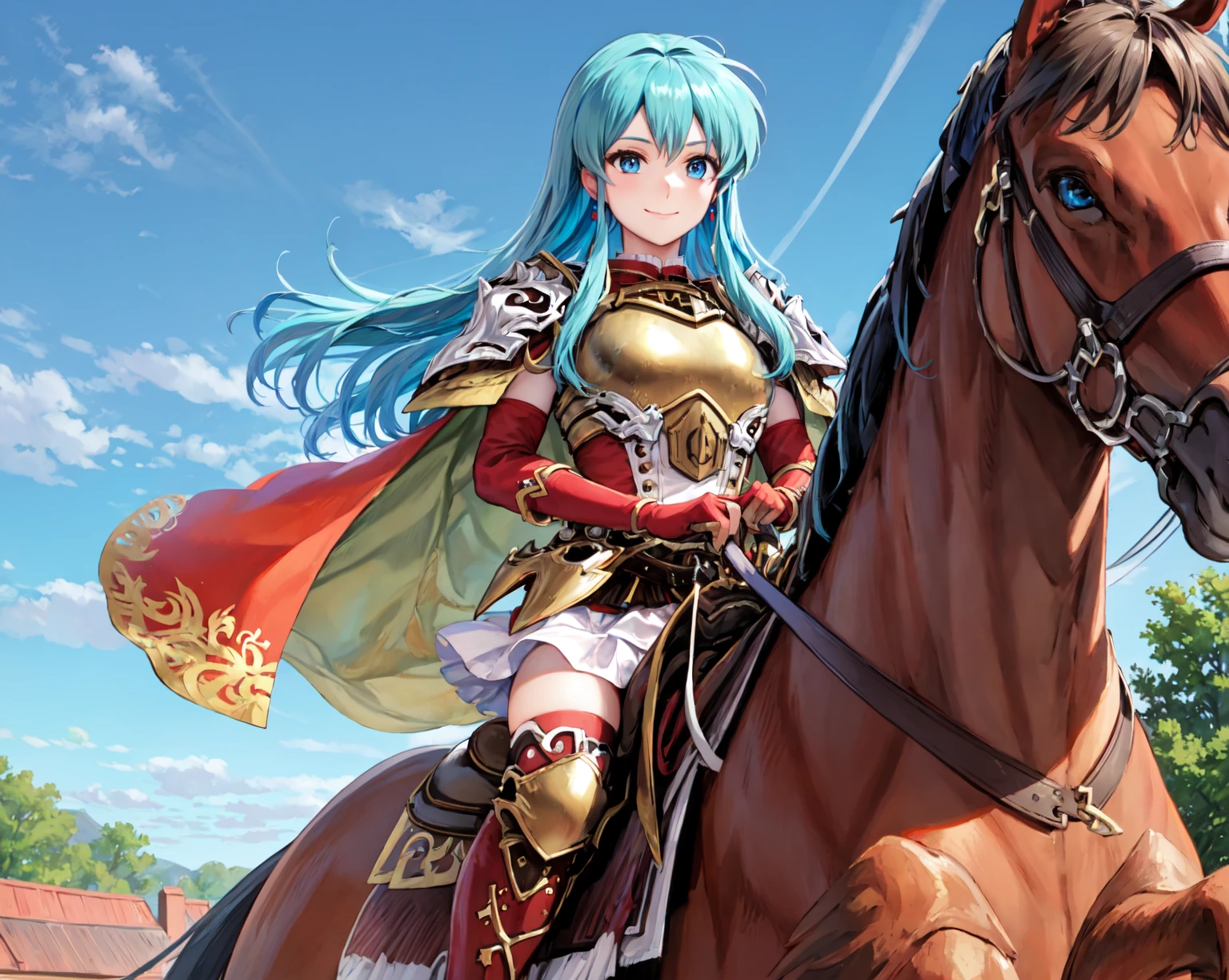 (from below:1.2),full body,<lora:eirikaV2:0.9>,leg_eirika,smirk,(white horse,riding a white horse,saddle,reins:1), armor,breastplate, zettai ryouiki, skirt, thighhighs, cape,gloves, looking at viewer, boots, jewelry, fingerless gloves, earrings, white skirt, red gloves, smile, elbow gloves, sidelocks, shoulder armor, red footwear, closed mouth, thigh boots, frills,outdoors,(masterpiece, best quality, ultra-detailed, best shadow), <lora:horseback_riding:0.8:pose>,horseback_riding