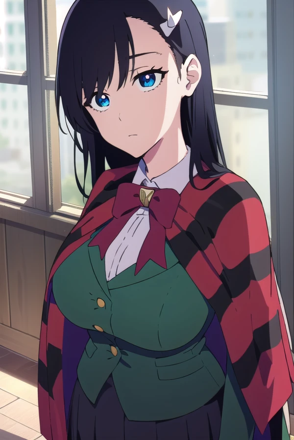 noelniihashi, <lora:noelniihashianimetest:1>,
noel niihashi long hair, blue eyes, black hair, hair ornament, hairclip, (large breast:1.2),
BREAK skirt, shirt, long sleeves, bow, school uniform, jacket, white shirt, pleated skirt, collared shirt, bowtie, red bow, plaid, capelet, blazer, green skirt, green jacket,
BREAK looking at viewer,
BREAK indoors, classroom,
BREAK <lora:GoodHands-vanilla:1>, (masterpiece:1.2), best quality, high resolution, unity 8k wallpaper, (illustration:0.8), (beautiful detailed eyes:1.6), extremely detailed face, perfect lighting, extremely detailed CG, (perfect hands, perfect anatomy),