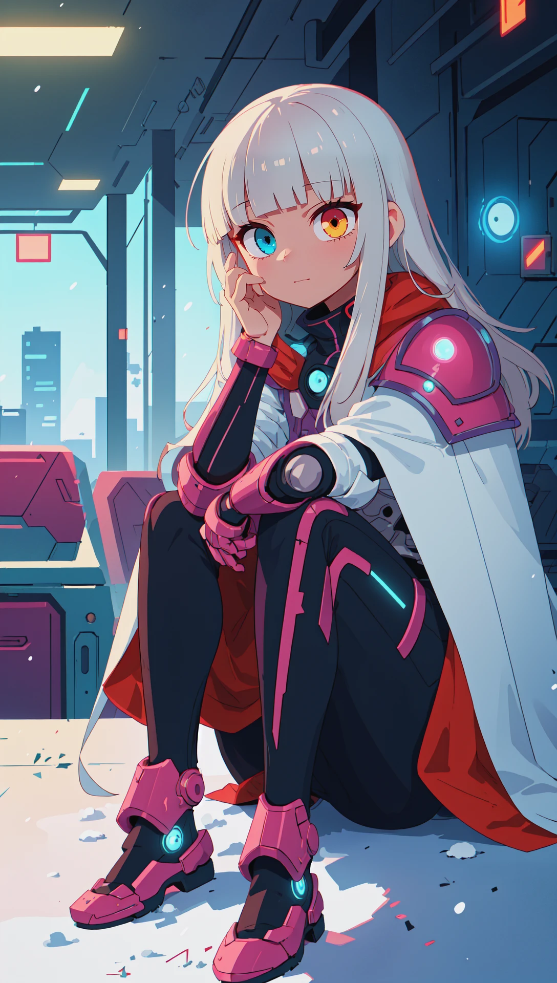 masterpiece, best quality, (masterpiece), (1girl), (solo focus), (detailed face:1.1), heterochromia, cloak, (long hair:1.1), blunt bangs, (futuristic cyberpunk armor:1.3), oiled skin, sitting, smoke, bloom, lens flare, (high detail), global illumination, snow