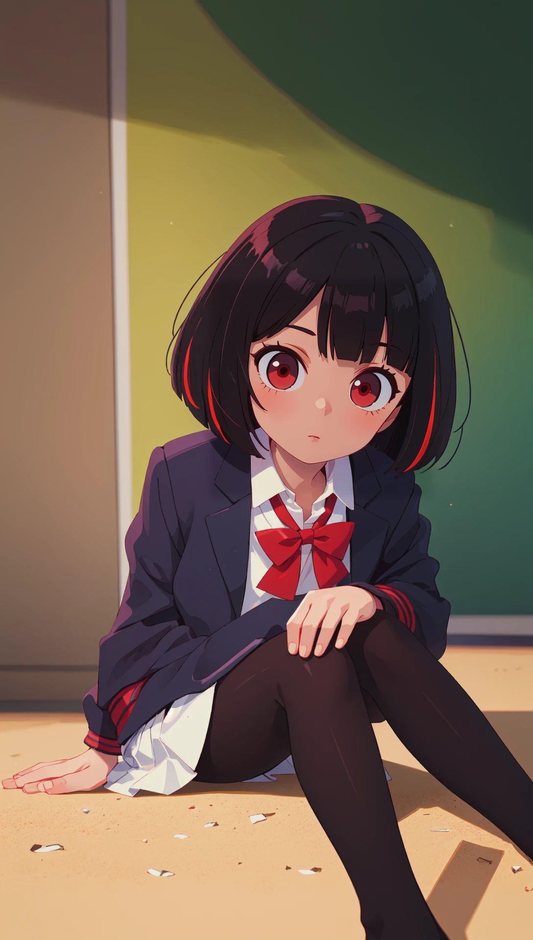 (masterpiece, best quality:1.2), detailed background, hyper-realistic,
1girl, black hair, bob cut, streaked hair, red eyes, glowing, school uniform, jacket, skirt, sitting, on ground, black legwear,