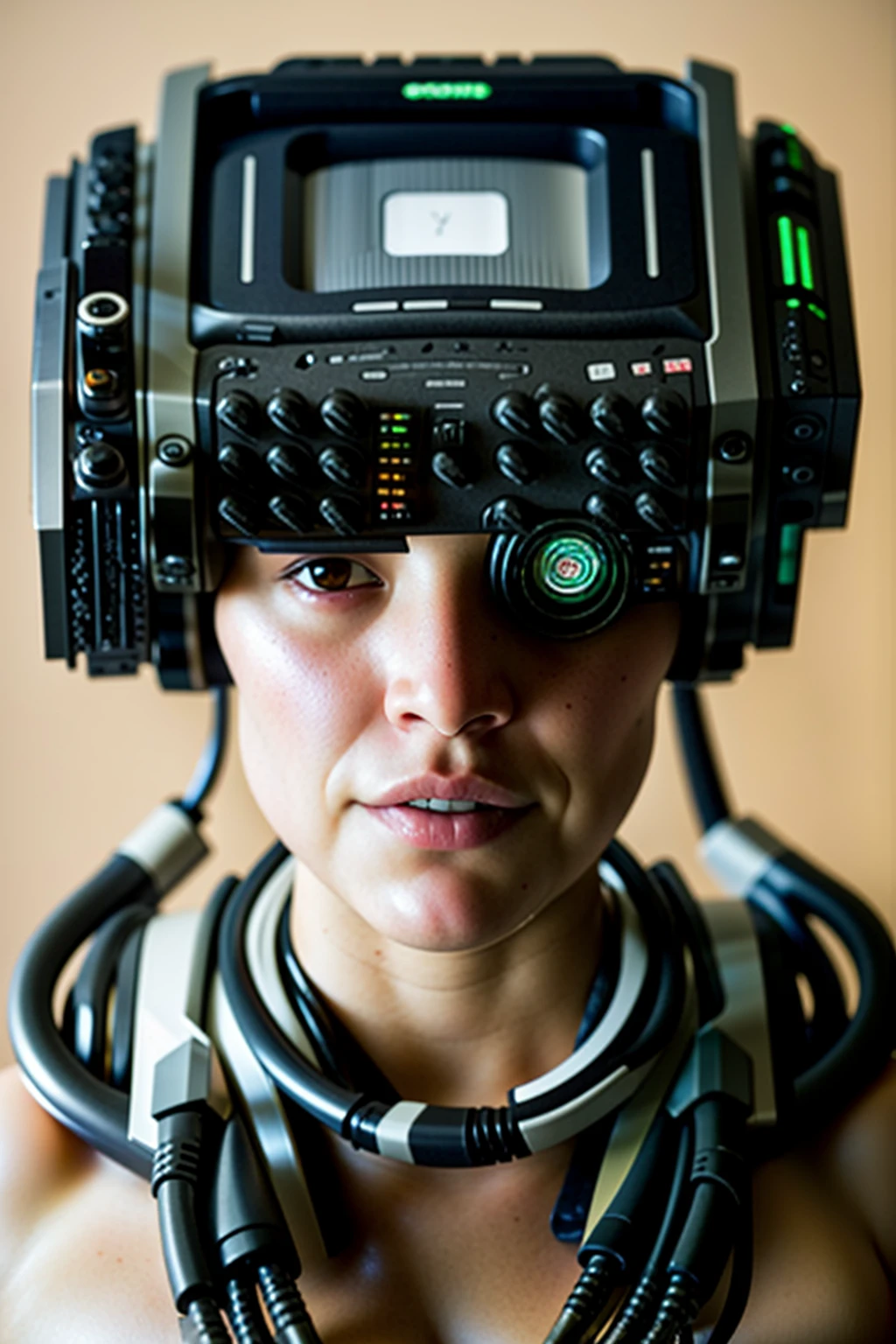 a woman with a head made of electronics , solo, science fiction, realistic, cable, cyberpunk
