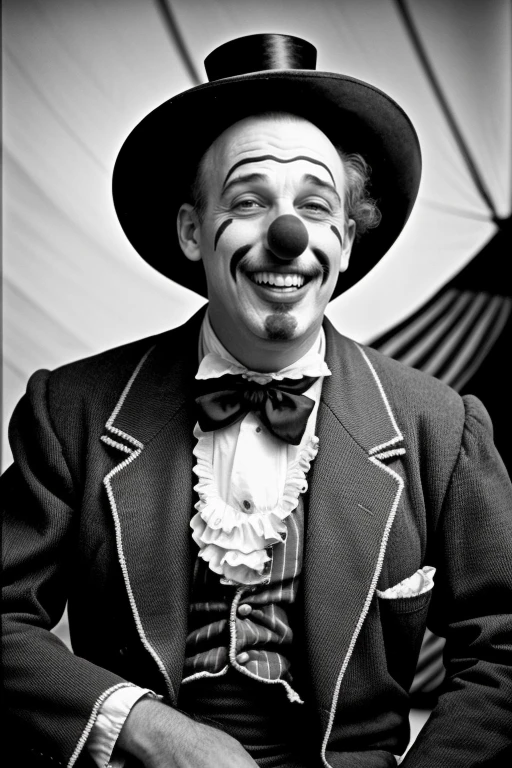 portrait jolly happy man bald in (clown costume:1.1) 1850, (huge carnival circus tent interior, sideshow in background:1.1), (grayscale:1.3), barnum
