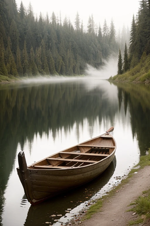 barnum-atelier , landscape pristine canadian wilderness,wooden rowboat, river, mist