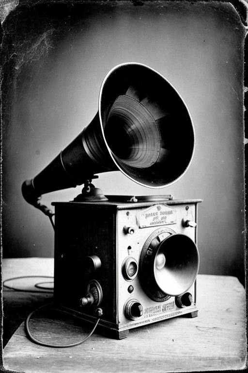 vintage ancient historical photo camera:gramophone, 19th century, rusty dusty, 1890, product photo, barnum