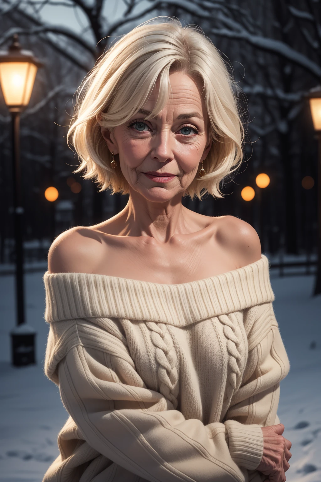 masterpiece,best quality,highres, ultra-detailed, solo,vivid,slight smile,
1girl, (80 year old, elderly), short hair,mid-shot, a beautiful woman looking into camera, off shoulder sweater by Chris Foss winter lights,night, off shoulder,
outdoor,depth of field, (upper body:0.6),
<lora:detailed_eye:0.4>, <lora:add_detail:0.4>