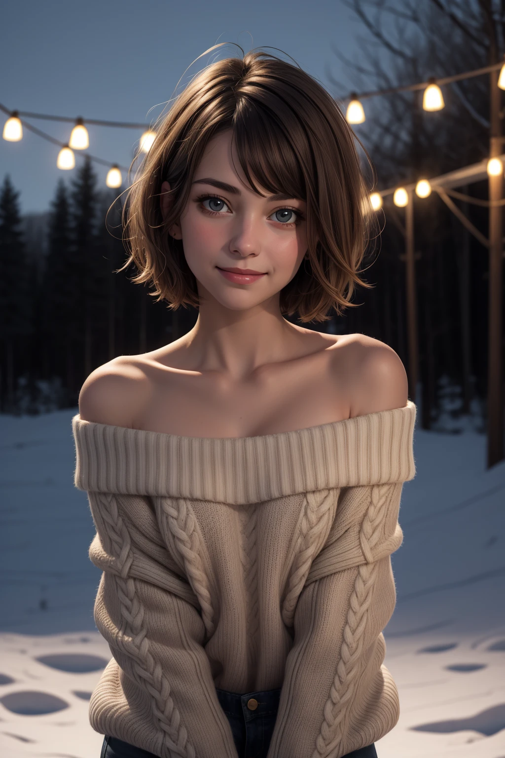 masterpiece,best quality,highres, ultra-detailed, solo,vivid,slight smile,
1girl, (young teen) short hair,mid-shot, a beautiful girl looking into camera, off shoulder sweater by Chris Foss winter lights,night, off shoulder,
outdoor,depth of field, (upper body:0.6),
<lora:detailed_eye:0.4>, <lora:add_detail:0.4>