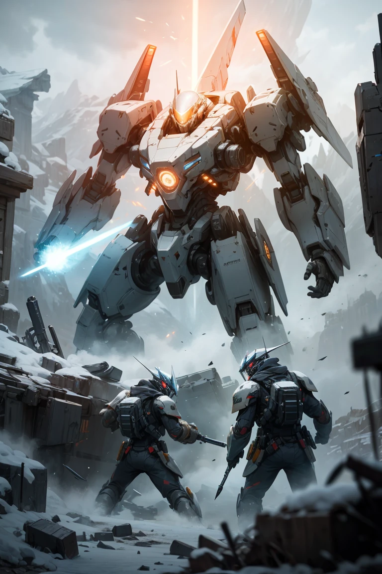 Unreal Engine,cinematic shot,best quality, masterpiece, realistic,,science_fiction,sci-fi,glowing_eyes, (explosion sparks:0.5), (Lens Flare:0.5),(lightsaber:0.8),volume fog,mecha_robot,debris,many soldiers fight,ufo, relic,snow mountain