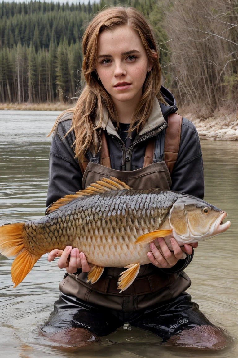 portrait photo of ewt woman , (holding a big fish:1.15), solo, in a river  <lora:EmmaWatson2017LoRaDogu:1>