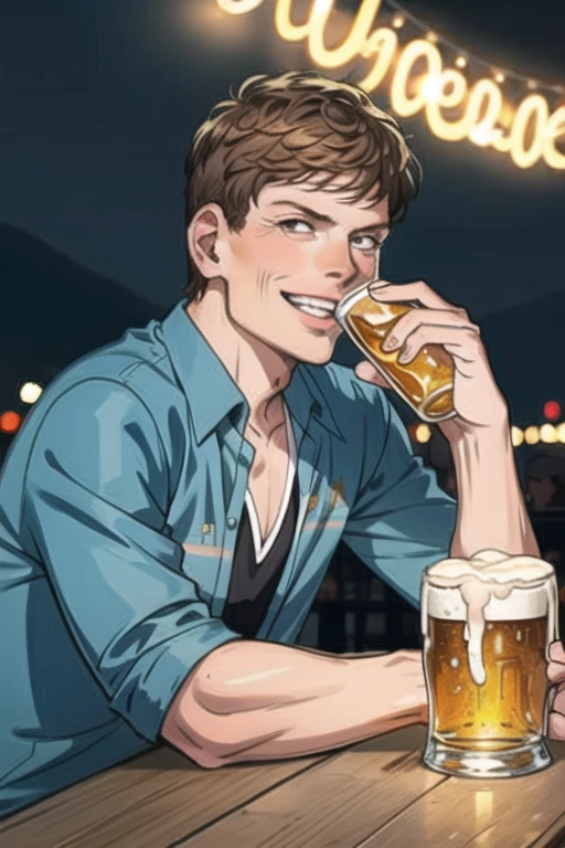<lora:more_details:0.3> masterpiece, very detailed, jan_ullrich, upper top body, oktoberfest, outside, night, lights, drinking a beer, happy, laughing, sit <lora:jan_ullrich-000007:1>