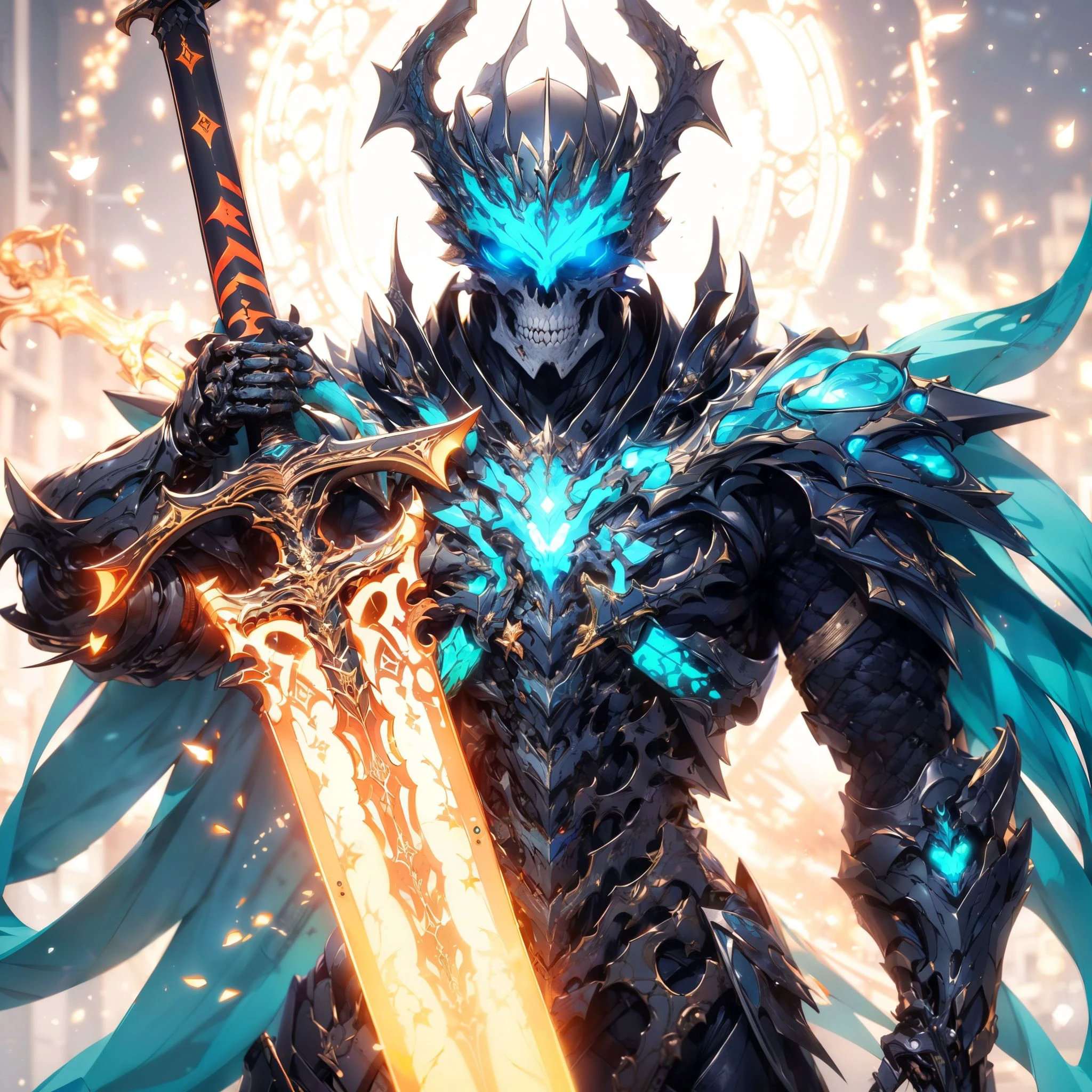 (hailoknight, Solo, 1boy wearing turquoise armor, turquoise skeleton helmet, glowing turquoise eyes, turquoise wings, holding giant orange energy sword infront of him, holding sword:1.3), (simple glowing background:1.25)<lora:add_detail:0.3>, <lora:hailoknightV2E12:1>, masterpiece, best quality, wide-angle, Hyperdetailed, masterpiece, best quality, 8k, natural lighting, soft lighting, sunlight, HDR (High Dynamic Range), Maximum Clarity And Sharpness, Multi-Layered Textures