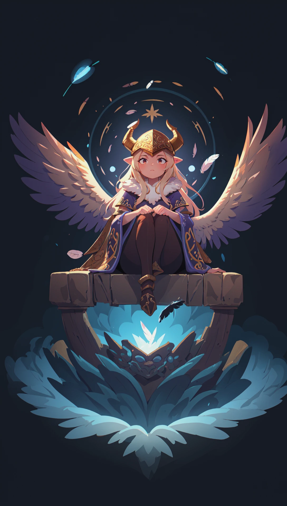 1girl, valkyrie, feathered wings, wearing ornate viking clothes, sitting knees up, horned helmet, (darkness, dark background:1.3), fur trim, a feeling of triumph, (feathers floating around her in a magical vortex:1.2), majestic, imposing beauty, (atop the battlements:1.05) at night, fantasy setting, dnd, d&d, beautiful 8k wallpaper, superb, extremely detailed, intricate
