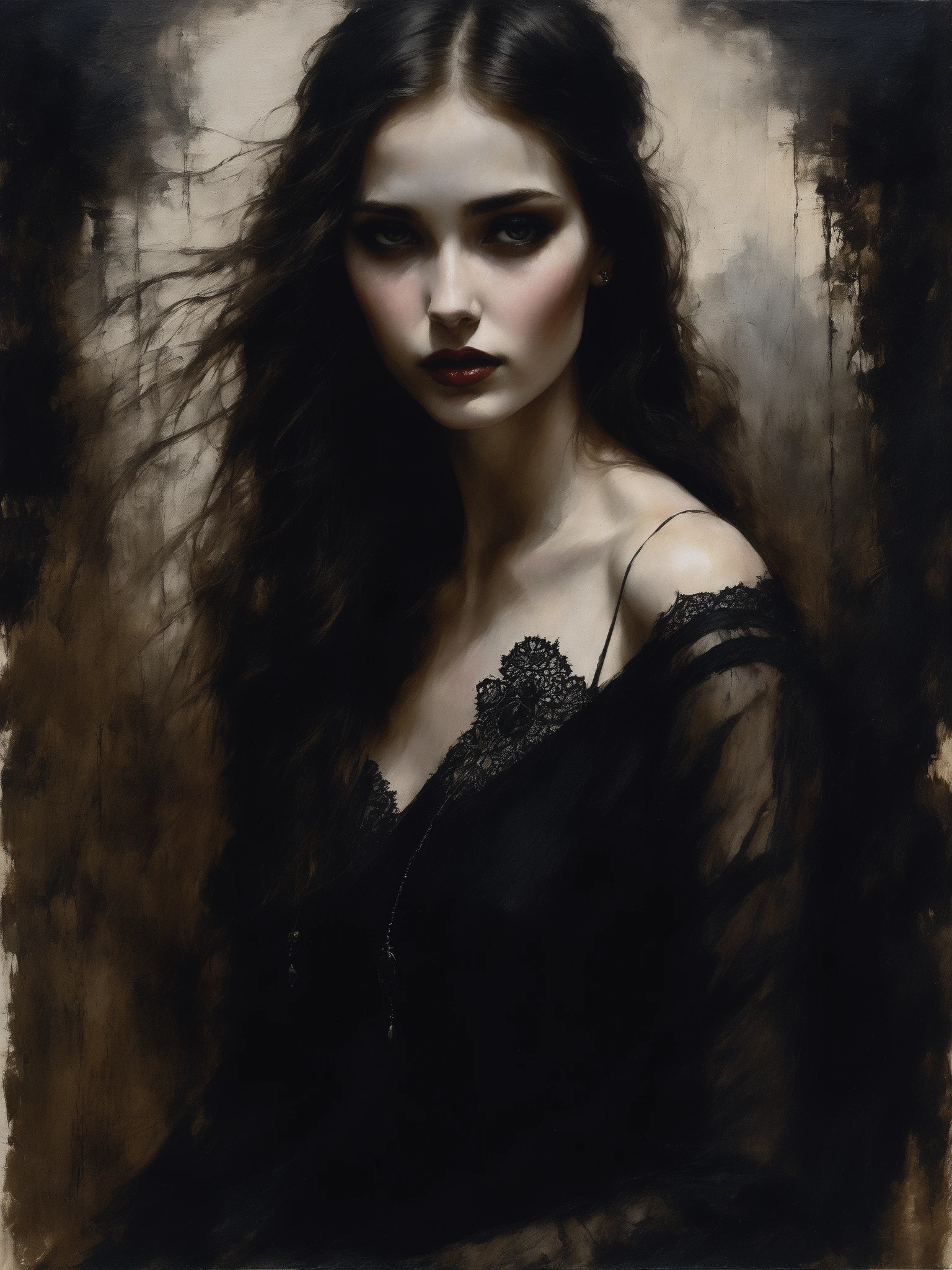 In Casey Baugh's evocative style, a Gothic girl emerges from the depths of darkness, her essence a captivating blend of mystery and allure. With piercing eyes and flowing ebony hair, she exudes an enigmatic presence that draws viewers into her world. Baugh's brushwork infuses the painting with a unique combination of realism and abstraction, highlighting the girl's delicate features and contrasting them against a backdrop of deep, rich hues. The interplay of light and shadow adds depth and dimension to the artwork, creating a hauntingly beautiful portrayal of this Gothic muse. Baugh's distinctive style captures the essence of the girl's enigmatic nature, inviting viewers to explore the depths of her soul. Signature