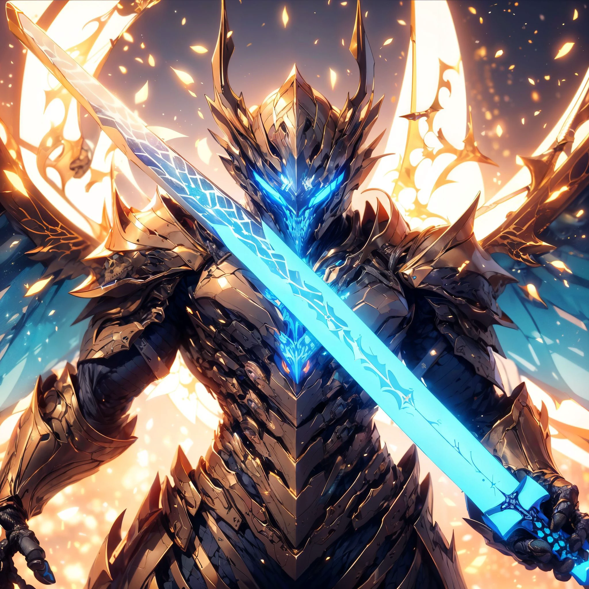 (hailoknight, Solo, 1boy wearing orange armor, orange skeleton helmet, glowing blue eyes, orange wings, holding giant blue energy sword infront of him, holding sword:1.3), (simple glowing background:1.25)<lora:add_detail:0.3>, <lora:hailoknightV2E12:1>, masterpiece, best quality, wide-angle, Hyperdetailed, masterpiece, best quality, 8k, natural lighting, soft lighting, sunlight, HDR (High Dynamic Range), Maximum Clarity And Sharpness, Multi-Layered Textures